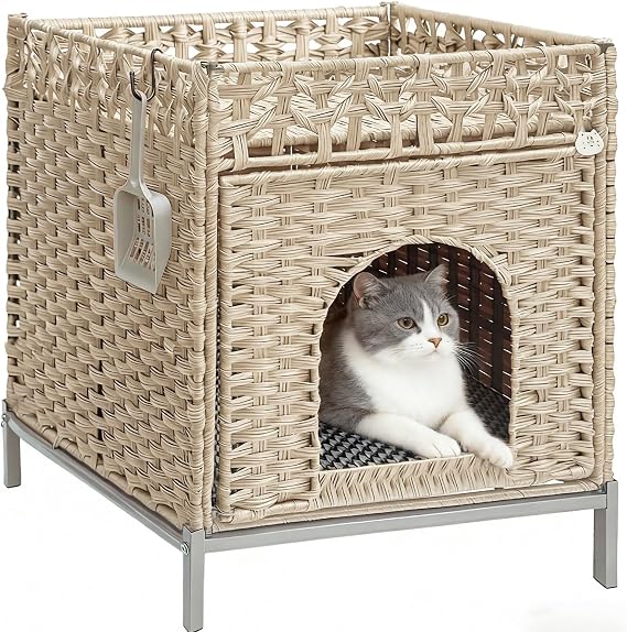 Homegroove Cat Litter Box Enclosure Furniture, Hidden Litter Box with Soft Mat and Fence, Comfortable Handwoven Rattan Cat House with S-Shaped Hooks for Living Room, Bedroom (Camel)