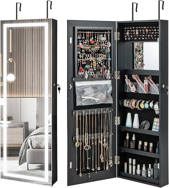 LOKO LED Mirror Jewelry Cabinet, Lockable Jewelry Armoire (Black)