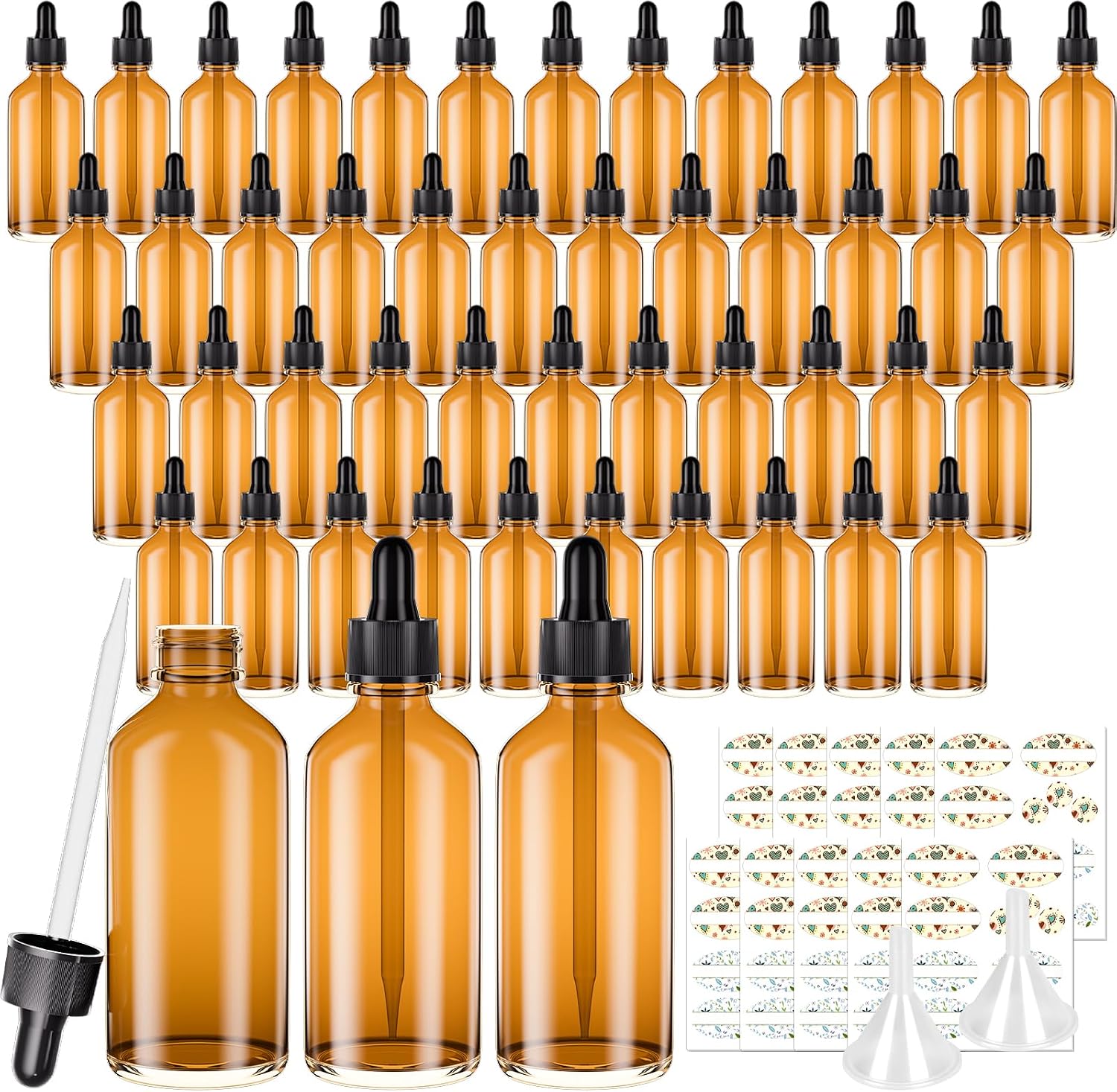 CycleMore 1oz Amber Glass Dropper Bottles 48 Pack Tincture Bottles with Eye Droppers, Two Plastic Funnels and Labels Glass Essiential Oil Bottle for Chemistry Lab Chemicals, Perfumes & More Liquids
