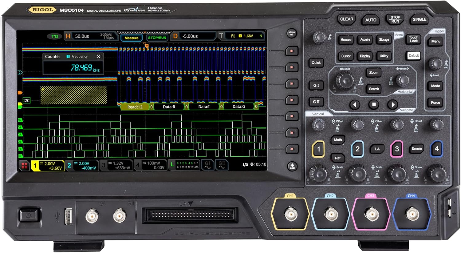 RIGOL MSO5104 Mixed-Signal Oscilloscope,100MHz,100Mpts,8GSa/s,4 analog channels,16 digital channels, MSO5000-BND included