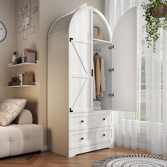 Gyfimoie 75" Armoire Wardrobe Closet with 2 Drawers and 2 Doors, Tall Bedroom Freestanding Armoire Storage Cabinet with Shelves, Wood Large Wardrobe Combination for Hanging Clothes (White)