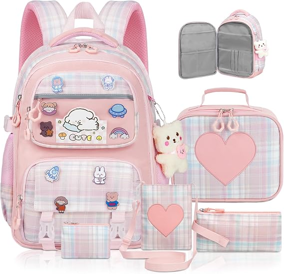 Cute Backpack for Girls, 5 Pack Kawaii Pink Backpack with Lunch Box Set | Aesthetic School Bookbag for Kids Teen Elementary