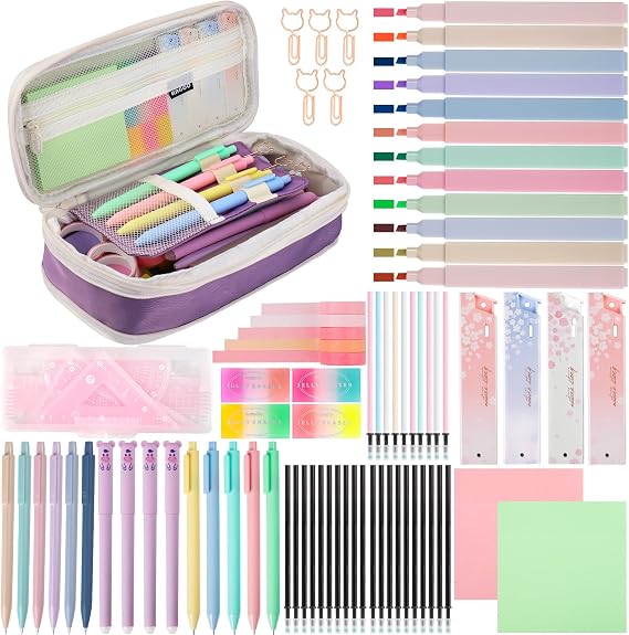 82pcs Aesthetic School Supplies Stationery Set with Pencil Case,Pastel Highlighters Gel Pens Mechanical Pencils,Essentials Stationary Set for Students Back to School Supplies（Purple）