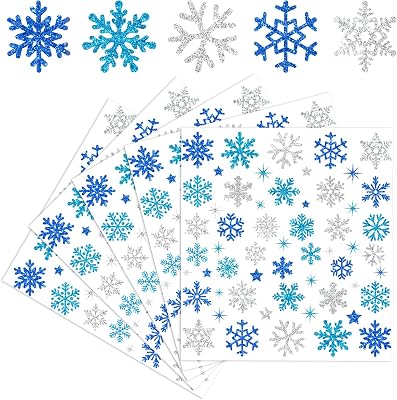 Whaline 330Pcs Winter Glitter Stickers 3 Colors Snowflake Decals Christmas Self Adhesive Stickers for DIY Crafts Home Party Greeting Cards Making Scrapbooking Decor, 10 Sheets