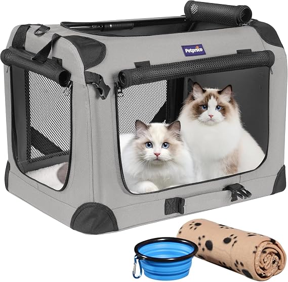 Large Cat Carrier for 2 Cats Small Medium Dogs, Soft Pet Carrier 60x42x42cm for Traveling with Warm Blanket Foldable Bowl and Washable Pad 