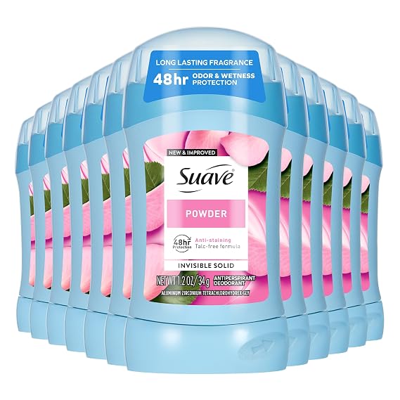 Suave Antiperspirant Deodorant For Women, Invisible, Underarm Deodorant, 48hr Odor & Wetness Protection, Long Lasting Powder, Sensitive Skin Deodorant Solid Stick, 1.2 oz (12 Bulk Pack)