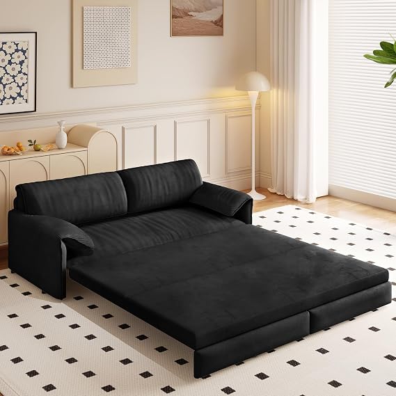 Tmsan 66" Queen Size Sofa Bed, 3 in 1 Convertible Pull Out Sleeper Sofa with Side Storage, Velvet Loveseat Couch Bed for Home Living Room, Bedroom, Apartment, Lounge, Small Spaces, Black