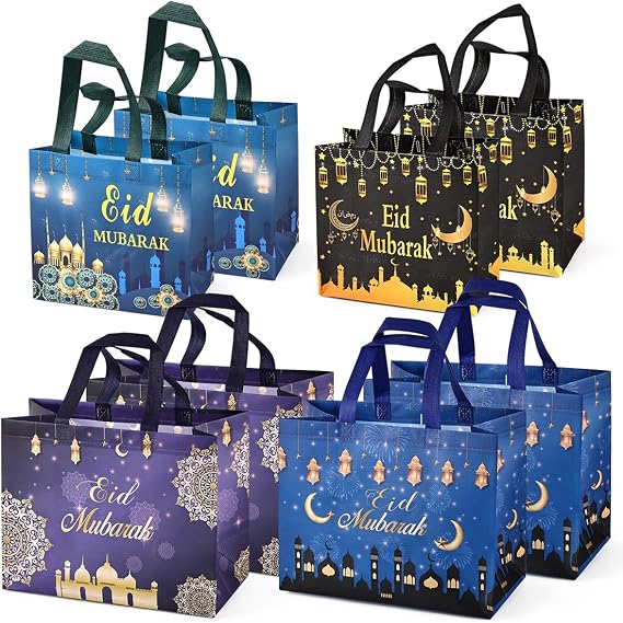 PARSUP 8PCS Eid Mubarak Reusable Gift Bags, Assorted Sizes Non-Woven Party Treat Bags with Handles for Gifts Wrapping, Party Supplies