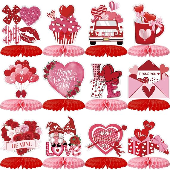12Pcs Valentines Day Honeycomb Centerpieces Pink Red Valentine Table Centerpiece Decorations for Valentine Party Supplies, Romantic Dinner, Party & Wedding Anniversary
