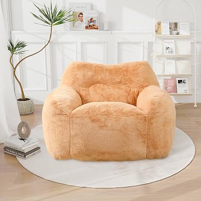 LKTART Bean Bag Chair, Comfy Bean Bag Couch for Adults and Kids, Faux Fur Beanbag Reading Chair with Armrests, Stuffed Floor Sofa for Living Room, Bedroom, ApartmentBrown