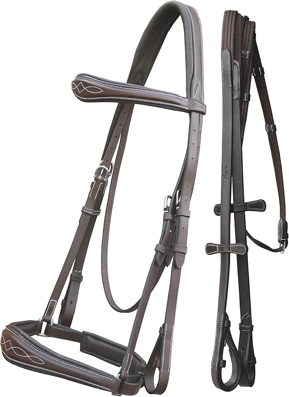 Exion Dressage Bridle for Horses Anatomical Leather Bridle with Padded Noseband & Browband | Includes Web Reins with Hand Stoppers | Black & Brown | Cob, Full, Pony & Warmblood Sizes