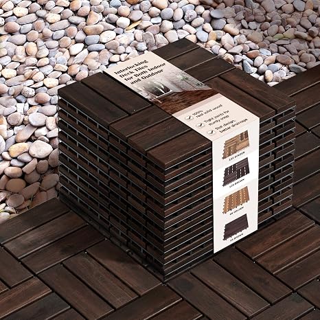 IDZO Interlocking Deck Tiles - 10PCS Waterproof Acacia Wood Patio Tiles, Flooring Tiles for Both Indoor and Outdoor - Decking Checker Pattern, 12 x 12 x 0.9 Inches, Dark Brown