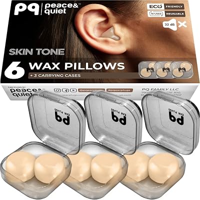 PQ Wax Ear Plugs for Sleep - 6 Silicone Wax Earplugs for Sleeping and Swimming - Gel Ear Plugs for Noise Cancelling, Ear Protection - Sleeping Earplugs with Sound Blocking 32 Db 6-Pillows. Beige