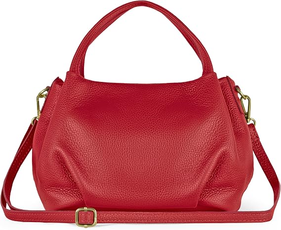 Italian Calfskin Top-Handle Bag for Women with Zipper & Detachable Strap | Small Shoulder Handbag Crossbody Purse (Red)