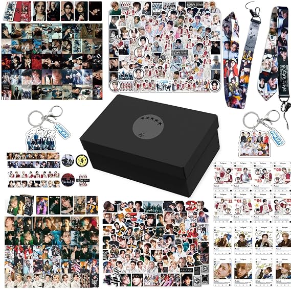 KPOPBP Stray Kids 5 Star Album Merch Gift Box Set including 110 PCS Photocards, 16pcs Transparent Cards, 180pcs Laptop Stickers, 2pcs Keychain, 2pcs Lanyards and 2pcs Tape Rolls, Gift for SKZ Fans