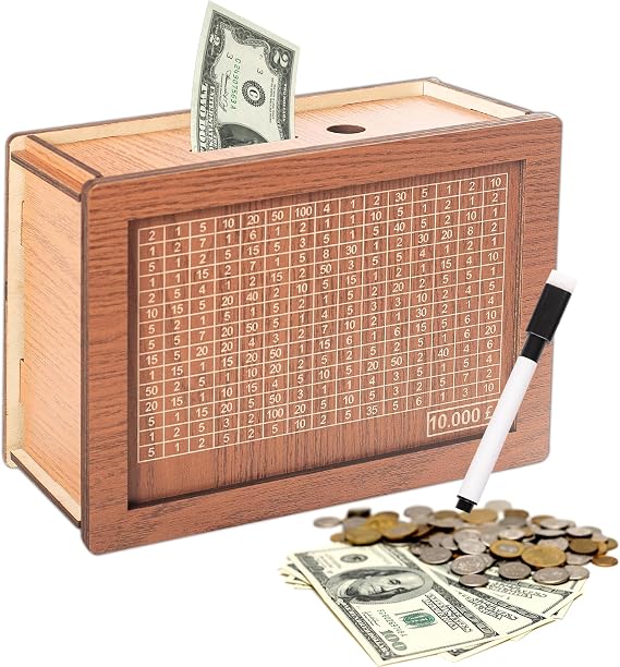 Cash Vault Wooden Savings Box With Counter and Erasable Pen, Decorative Money Bank Box for Home Adults and Kids