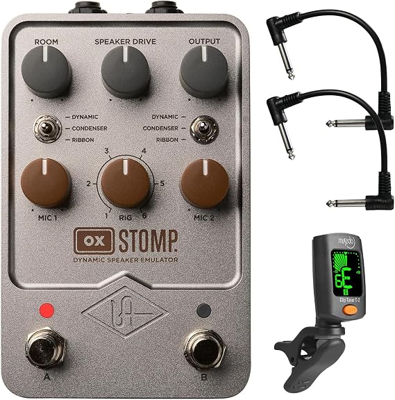 Universal Audio OX Stomp Speaker Emulator Pedal - Bundle with 2 Patch Cables and Tuner