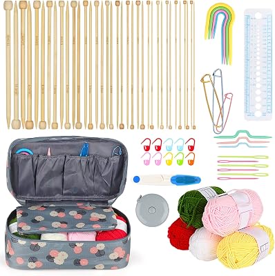 Aeelike Knitting Kit for Beginners Adults, 18 Pairs of Wooden Knitting Needles Set 2mm to 10mm, Bamboo Knitting Starter Kit with Yarn and Accessories Storage Bag, Blue Flower
