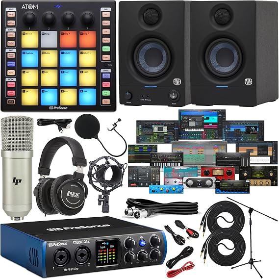PreSonus Studio 24c 2x2 USB-C Audio/MIDI Interface with New Designed Eris E3.5 Studio Monitors Includes Software Kit, ATOM MIDI Pad Controller