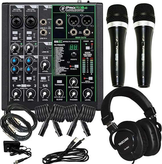 Mackie ProFX6v3 Mixer Bundle w/Onyx Preamps, 2 EMB EMIC700 Microphones, Mix2 Headphones, 15-Foot XLR Cables, XLR to 1/4 Cables, USB-A to USB-B, and Power Plug