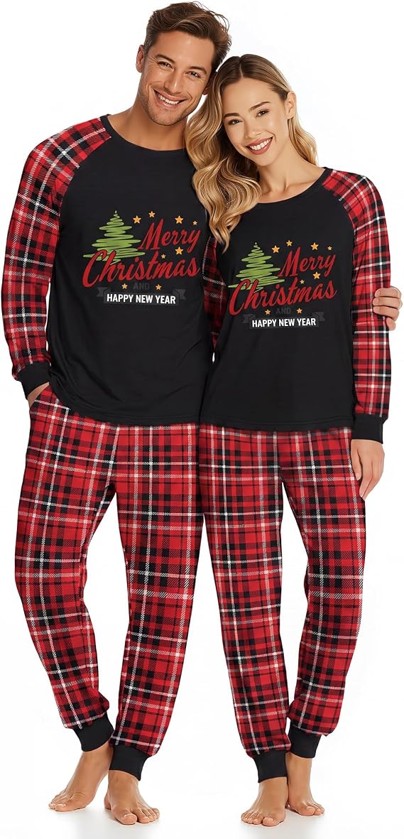 Xaatren Christmas Pajamas for Couples | Women Men, Long Sleeve, Crewneck, Xmas Sleepwear, Soft Holiday Loungewear, Pjs Set, Christmas, Family