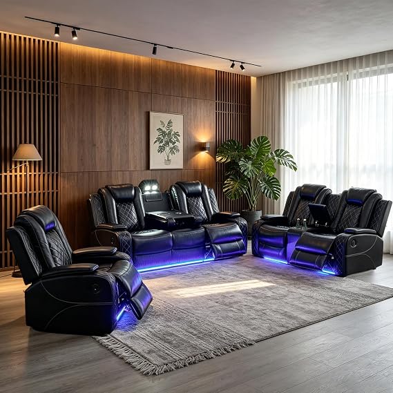 Power Recliner Sofa Set with LED Lights, Air Leather Reclining Living Room Furniture Set with USB Port,Storage Console and Cup Holders,Home Theater(Black, Sofa Loveseat Chair)