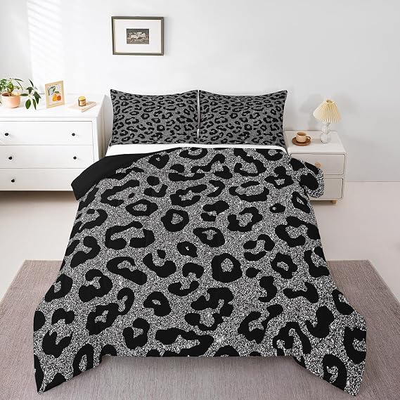 Castle Fairy Leopard Print Comforter Set,Gray Wild Animal Skin Bedding Set for Kids Teens,Fashion Ombre Glitter Print Quilt Set,Duvet Insert 2 Pcs with 1 Pillowcase,Toddler