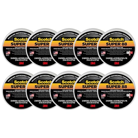 3M Scotch Super 88 Vinyl Electrical Tape,18 to 105 Degree C, 10000 mV Dielectric Strength, 66' Length x 3/4" Width, Black (Pack of 10)
