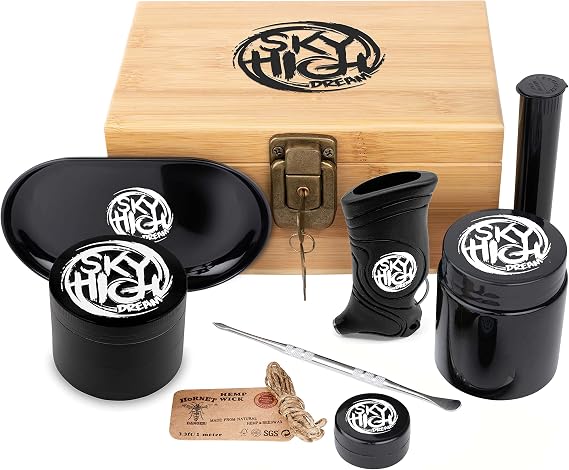 Sky High Dream Smell Proof Wooden Storage Box with Lock and Key - Odorless Portable Storage Case for Accessories - Includes Lock and Key, Storage Jar and Tube, Tray, Resealable Bag, and More