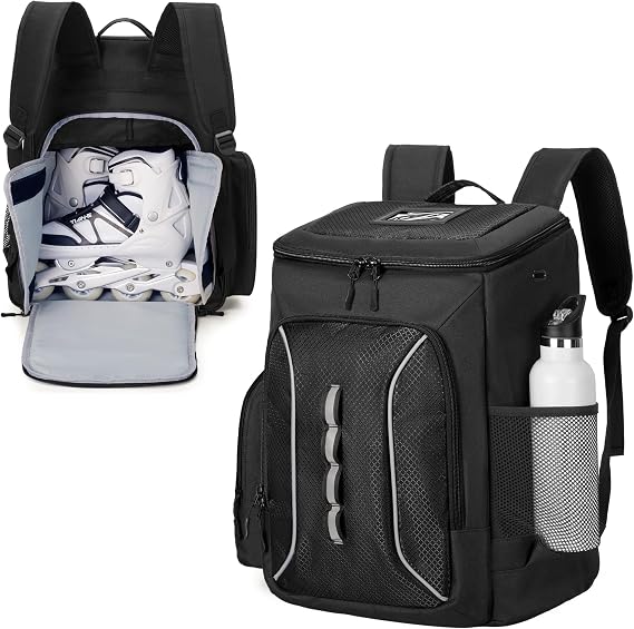 DSLEAF Roller Skate Bag, Ice Skate Bag Backpack with Multiple Pockets | Back Shoe Pocket, Top Helmet Pocket, Padded Shoulder Strap Used for Roller/Inline/Quad/Ice/Hockey Skating