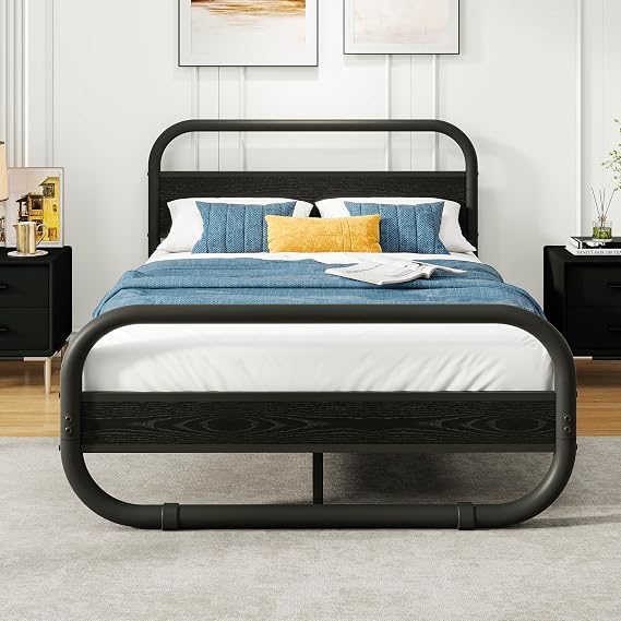 HOMERECOMMEND 4ft Double Size Bed Frame with Headboard,135x190 cm,Black