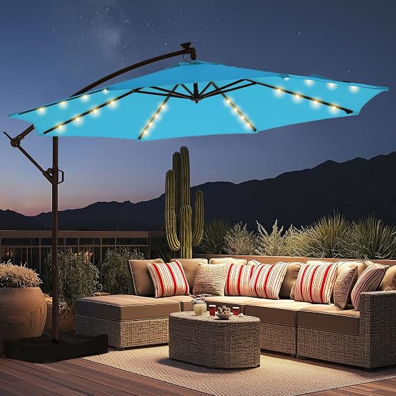 10 FT Solar LED Cantilever Patio Umbrella with Base Included, Light Blue