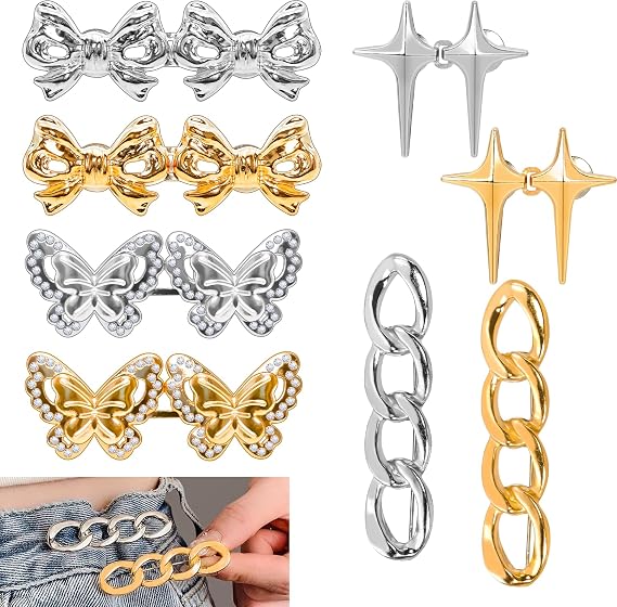 8 Sets Pant Waist Tightener,Adjustable Detachable Decorative Waist Buckles, Jeans Buttons for Crystal Pants (Silver)