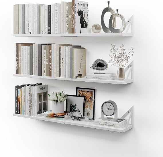 CASSA NOKO Wall Mounted Floating Book Shelves for Wall Set of 3, Shelf Bookshelf for Bedroom Living Room Office Bathroom Kitchen Rustic Wood with Metal Bracket (White Large)