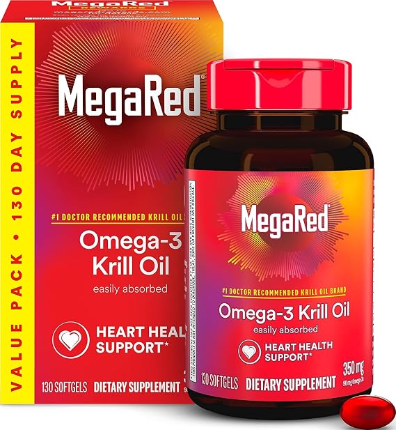 MegaRed - Omega-3 Krill Oil 350mg Softgels (130 Count in A Bottle), EPA & DHA Omega-3 Fatty Acids with No Fishy Aftertaste Unlike Fish Oil, Contains Antioxidant Astaxanthin