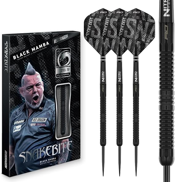 RED DRAGON Darts - Professional Player - Peter Wright 'Snakebite' - Black Mamba Series | 90% Professional Tungsten Darts Set - Includes Flights & Stems | Steel Points 22g, 24g & 18g Soft Tip Dart Set