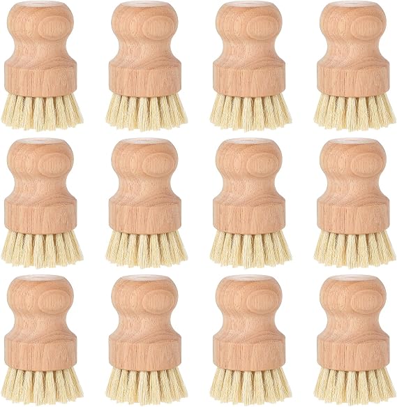 cobee 12Pcs Bamboo Dish Scrub Brushes, Kitchen Dishwashing Scrubber with Natural Sisal Bristles Round Wooden Dish Scrubber Brush for Iron Pot Pan Food Kitchen Sink Fruit Vegetable Wash