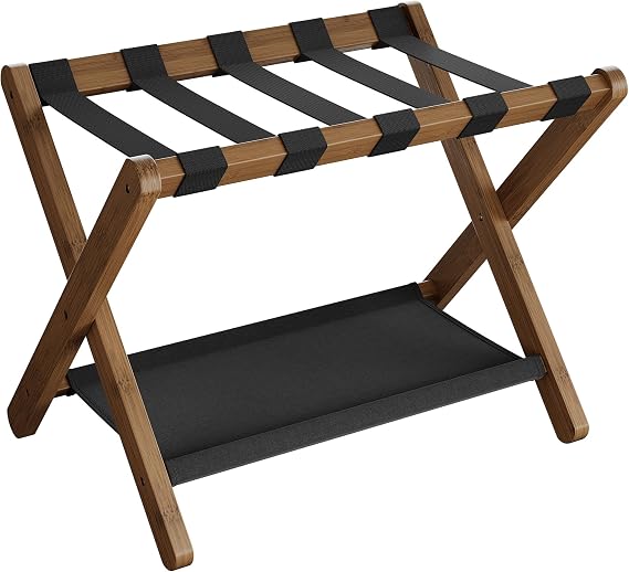 SONGMICS Bamboo Luggage Rack, Folding Suitcase Stand, with Storage Shelf