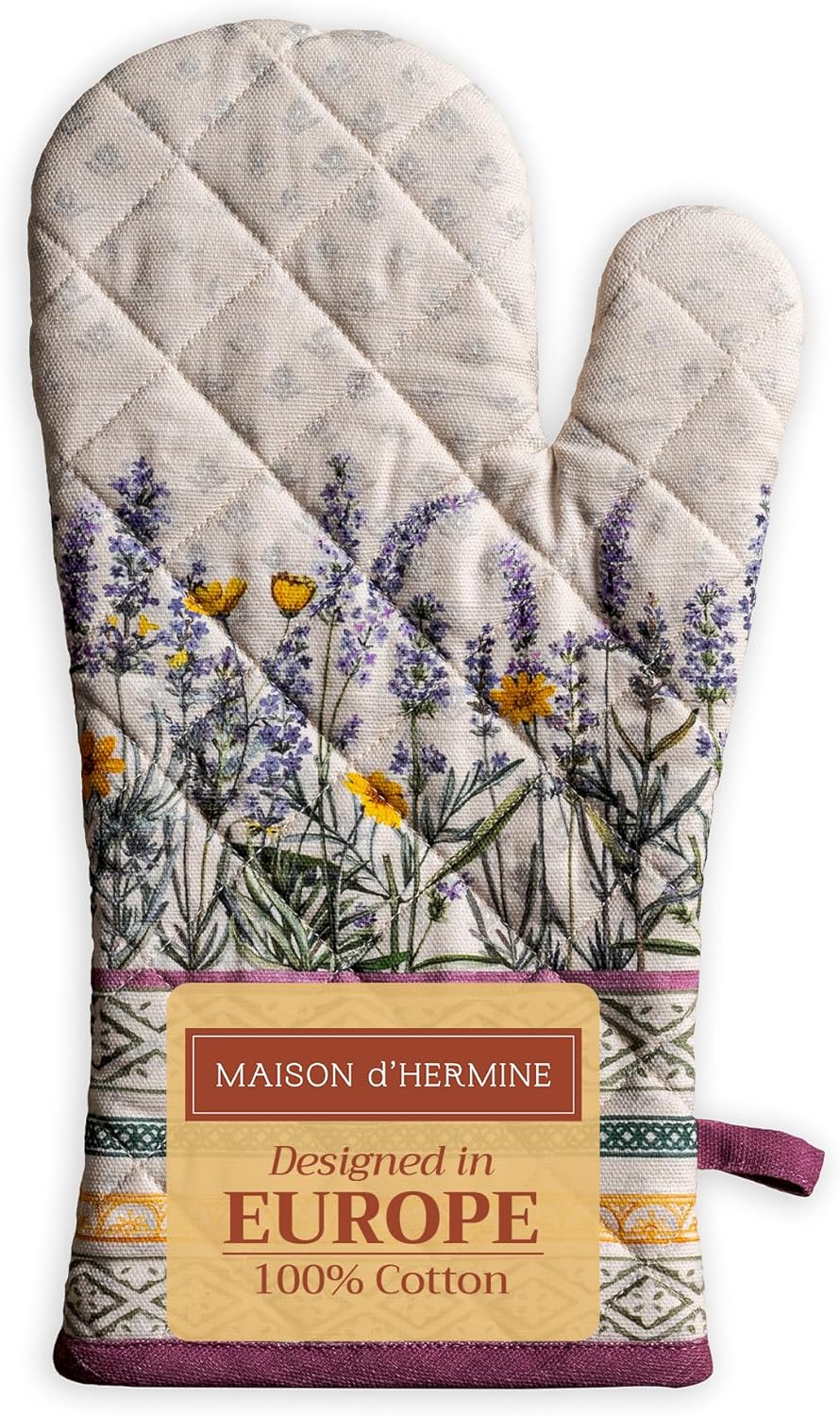 Maison d Hermine Oven Gloves 100% Cotton Oven Mitt 7 x 13 with Loop Heat Resistant, BBQ, Cooking Gloves, Baking, Grilling, Kitchen, Handling Hot Pans SpringSummer Pack of 1, Fanny Lavender
