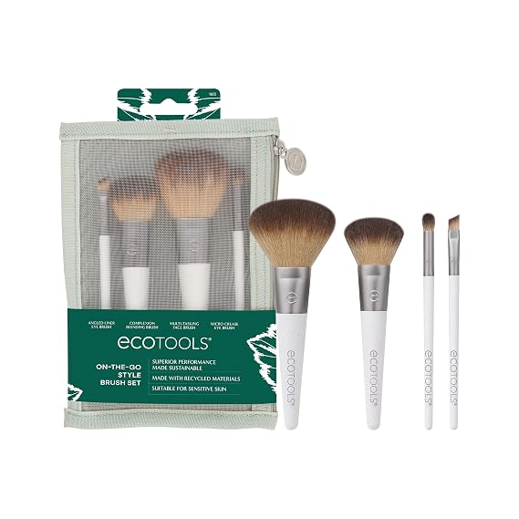 EcoTools On-The-Go Makeup Brush Kit, Travel-Friendly Brush Set, Mini-Size Makeup Tools for Powders, Blush, Bronzer, Eyeshadows, Eco-Friendly, Synthetic Bristles, Cruelty-Free & Vegan, 5 Piece Set