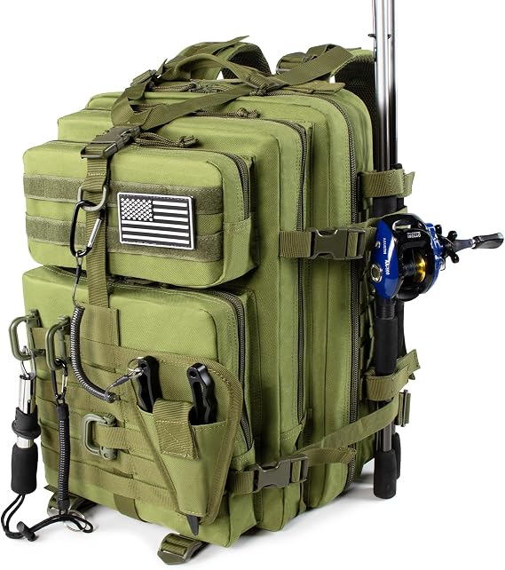 TBNBO 45l Large Fishing Tackle Backpack with Removable Plier Holder & Rod Holders, Green Tactical Bag, Fishing Gear and Tackle Box Organizer, Hiking Rucksack without Tackle Box