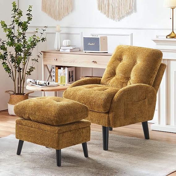 Accent Chair with Storage Ottoman, Adjustable Reclining Backrest (90180), Tufted Lounge Chair with Footrest, Cozy Reading Chair for Living Room (Chenille - Yellow)