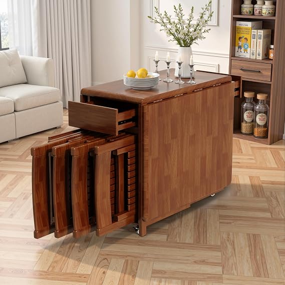 Folding Drop Leaf Dining Table and 4 Chairs, 150cm Fully Assembled Solid Wood Space-Saving Kitchen Table and Chairs Set with Storage & Lockable Wheels, Walnut