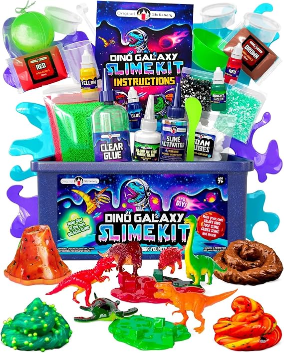 Original Stationery Dinosaur Galaxy Slime Kit for Boys Ages 7-12, DIY Glow-in-The-Dark Slime Set with Glitter & Dinosaur Toys, Fun Space-Themed Craft Activity, Birthday Gift for Kids