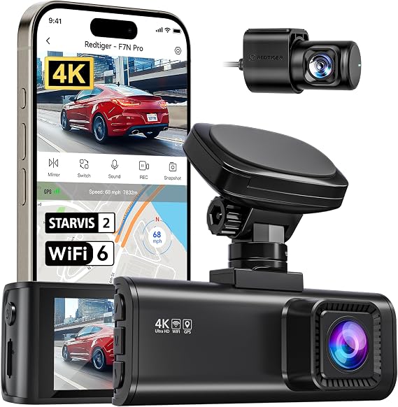 REDTIGER F7N Pro 4K Dash Cam Front and Rear, STARVIS 2 Sensor, 4K/2.5K+1080P Dual Dash Camera for Cars, Built-in 5.8Hz WiFi 6, GPS Tracking, 3.18 Inch Screen, Parking Monitor(SD Card Not Included)