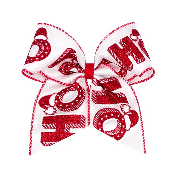 Wee Ones Girls' Glitter Holiday Cheer Hair Bow with Christmas "HoHo" Red Glitter Lettering on WeeStay no-slip clip, King, White