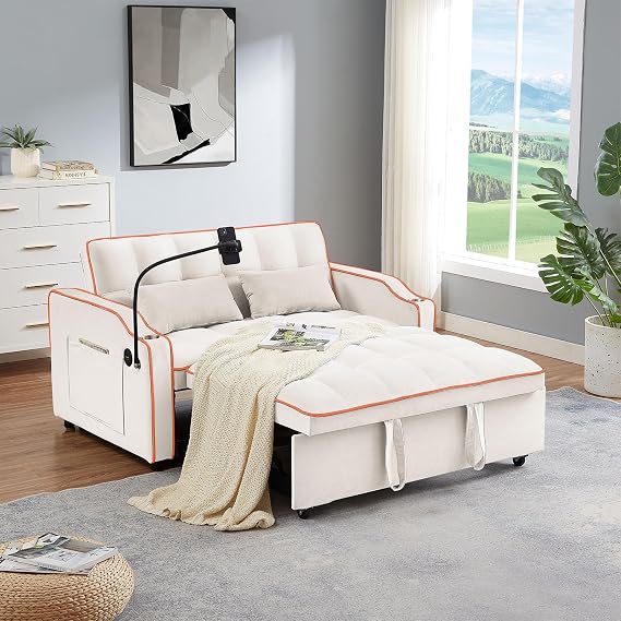Sleeper Sofa Bed,3 in 1 Modern Convertible with Adjustable Backrest,Velvet Pull Out Sofa Bed with USB Port & Swivel Phone Stand,Convertible Futon Couch with Cup Holders and Pockets