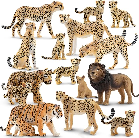 Toymany 16PCS Jungle Animals Figures Family Playset, Plastic Lion, Tiger, Cheetah and Jaguars Figures with Cubs, Cake Toppers Christmas Birthday Toy Gift for Kids