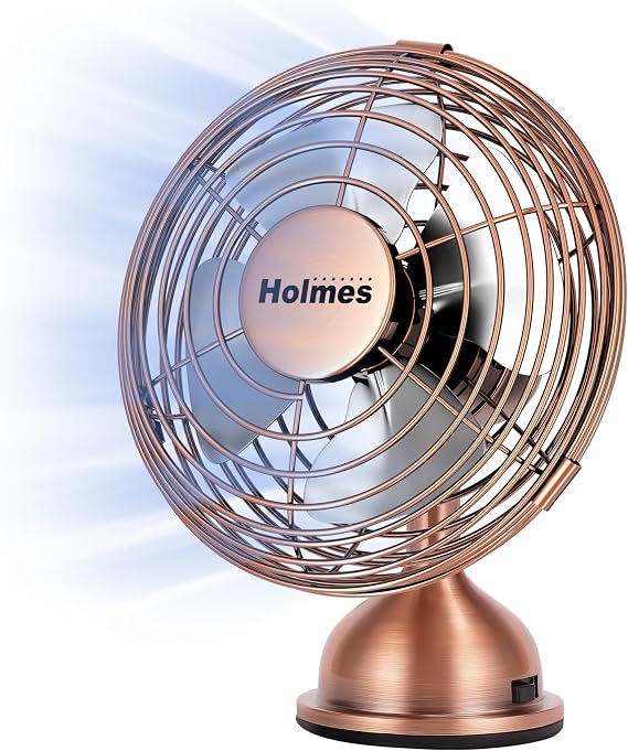 HOLMES 4" Mini Heritage Desk Fan, USB-Powered, Single Speed, 4 Blades, Adjustable 100 Head Tilt, Metal Construction, Ideal for Home, Dorm Rooms, Bedrooms, Office or Travel, Vintage Brushed Copper