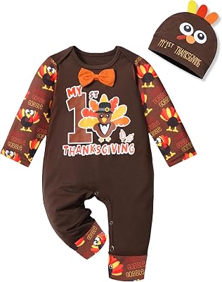 My First Thanksgiving Baby Boy Outfit,Long Sleeve RomperSuspender PantTurkey Hat 3PCS Thanksgiving Baby Boy Clothes